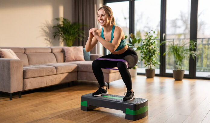 Rôzne fitness pomôcky pripravené na pestrý domáci tréning a posilňovanie celého tela.